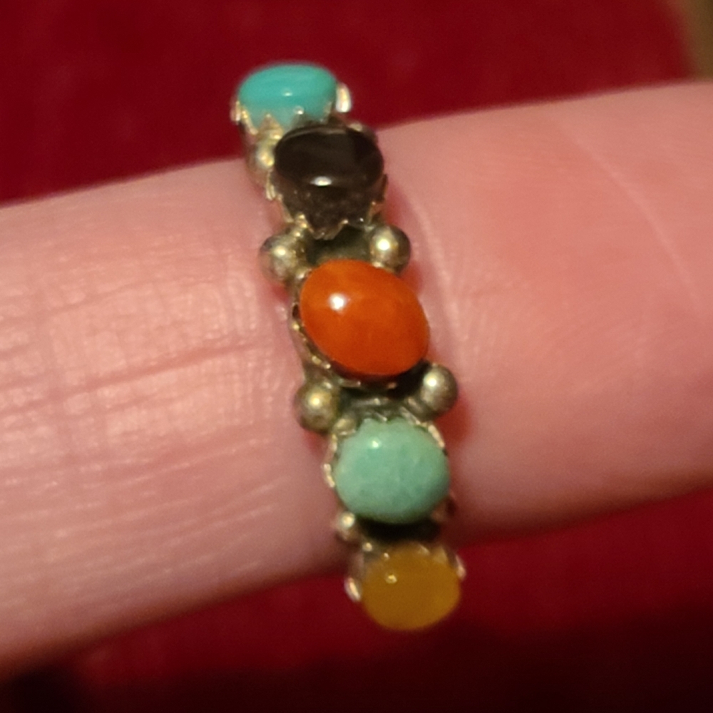 925 Vintage Multi Gemstone Ring 6.5 Band Southwestern Turquoise Sterling Silver - Picture 3 of 12